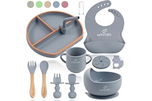 Baby Weaning Set by Bebefant™, Suction Bowl, Suction Plate Baby, Cup, Adjustable Bib with Pocket, Bamboo Fork & Spoon for Baby Led Weaning, Baby Feeding Set (Grey & Orange))
