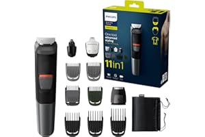 Philips Tondeuse Multi-style series 5000, 11 en 1 pour Visage, Cheveux et Corps. 11 outils, technologie DualCut, jusqu'à 80 min d'autonomie, étanche (modele MG5730/15)