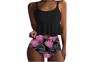 VPQILH 2 Piece Womens Tankini Sets, High Waisted Swimsuits Adjustable Straps Swimwear Ruffled Flounce Printed Swim Tops and Shorts Beachwear Ladies Backless Swimming Costume S-3XL