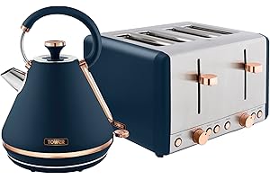 Tower Cavaletto Kitchen Set, 1.7L Rapid Boil Kettle & 4 Slice Toaster, Midnight Blue and Rose Gold, T10044MNB, T20051MNB