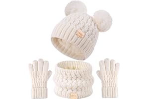 Tontuland Kinder Wintermütze Schal Handschuhe Set Kinder warm stricken Fleece gefüttert PomPom Hut für Kinder im Alter von 3-9, perfekt für Jungen und Mädchen