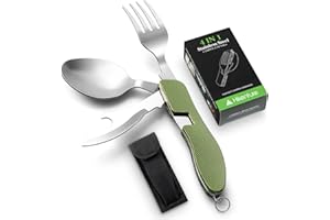 Hikenture Sztućce outdoorowe 4 w 1, sztućce kempingowe, nóż, widelec, łyżka, otwieracz do butelek, zestaw ze stali nierdzewnej, z torbą na pasek, składane sztućce na kemping i do aktywności na świeżym