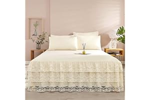 Yinghesheng Mikrofaser Bettrock Faltenresistent Tagesdecke Rüschen Beige 150x200cm Bett Rock Betthusse Ausbleichen Beständig Wrap-Around Bettvolant Erwachsenen/Kinderzimmerdekor