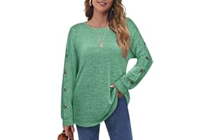 Aokosor Womens Long Sleeve Tops Ladies Loose Jumpers Button Sleeve Sweatshirt Curved Hem