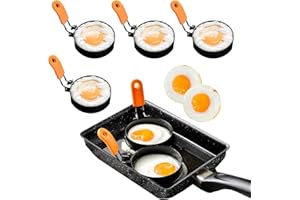 WASYPLSFOI Egg Ring Poacher Cooker Holder Cups Mold Rings with Silicone Brush & Handle Anti-Scald for Frying Eggs, 4 Pack Round