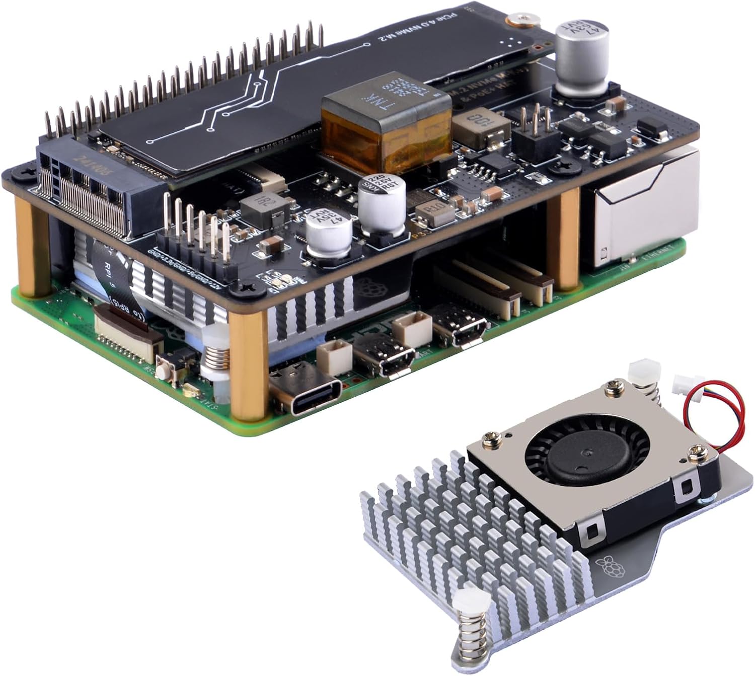 GeeekPi P33 M.2 NVME M-Key PoE+ Hat para Raspberry Pi 5, con el disipador activo oficial Raspberry Pi 5, compatible con M.2 NVMe SSD 2230 2242 2260 2280