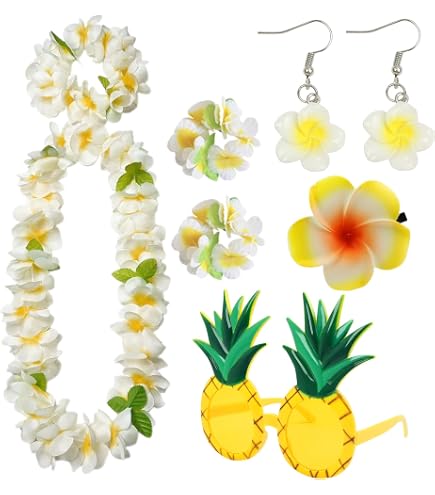 Lilbitty Luau Lot de 5 chaînes de fleurs décoratives avec collier, bandeau, bracelet, pinces à cheveux, guirlande de fleurs pour fête hawaïenne, plage, mariage, blanc