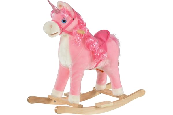 HOMCOM Cheval à Bascule modèle Licorne avec Sons Authentiques Selle Grand Confort Bois de peuplier Rose dim. L74 x l33 x 62H cm