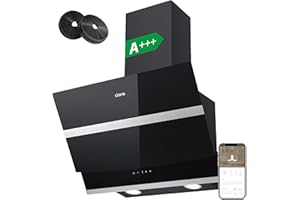 CIARRA ASB6736N Hotte Aspirante Class A+++ 60cm 650 m³/h - Hotte Inclinée pour Cuisine - Filtre à Charbon Inclus - WIFI & Commande Tactile - 4 Vitesses - Lumière LED - Recyclage & Evacuation - Noire