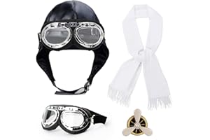 Hifot 4 Piezas Disfraz Piloto Avion Aviador Gorro Piloto Cuero de PU Retro Gafas Broche de Avión Pañuelo Blanco Halloween Accesorios Mujer Hombre para Fiesta Cosplay Carnaval Disfraz Adulto