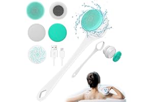 Emooncn Electric Body Brush Set for Showering, 5 in 1 Shower Brush Rechargeable with 5 Spin Brush Heads, Electric Bath Scrub Brush Kit with Long Handle Waterproof Silicone Facial Brush for Women Men