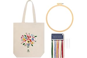 JSRQT Kit de Bordado Bolsa Lona, Kit de Bolsas de Compra de Bordar, Kit de Punto de Aguja con Patrón, Kit de Inicio de Bordado para Craft Lover, Kit de bordado a mano Herramientas de bordado(Blanco)