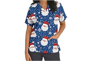 Keepink Scrubs Tops for Women UK Christmas Nurse Shirts Funny Xmas Santa Claus Print Jumpers Loose Tunic Short Sleeve Uniform Top V Neck Dressy Shirt Pockets Practical Caregiver Workwear