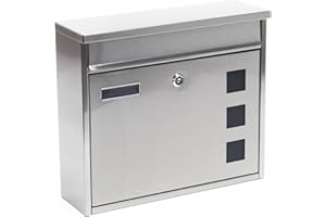 ‎WILTEC Wiltec Briefkasten V12 Edelstahl 360 x 115 x 315 mm, Wandbriefkasten mit Schloss, Sichtfenstern und Namensschild, Postkasten aus Stahl