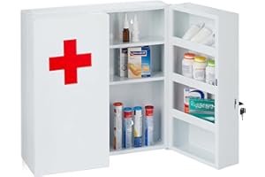 Relaxdays Armoire à Pharmacie XXL, verrouillable, 11 Compartiments, Acier, HxLxP: 53,5x53x19 cm, 2 Portes, Blanc - Rouge