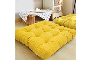 HIGOGOGO Thicken Tufted Cushion, Solid Square Seat Pillow Corduroy Chair Pad, Soft Tatami Large Floor Cushion for Yoga Meditation in Living Room Balcony Office Outdoor (Yellow, 55x55 cm)