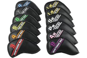 CRAFTSMAN GOLF Set da 12 copriferri per mazze da golf, in pelle sintetica, di colore nero, con numeri colorati ricamati, facilmente compatibili con mazze Titleist, Callaway, Ping, Taylormade e Cobra