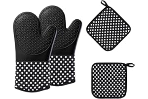 ZFITEI Oven Gloves Heat Resistant, Silicone with Cotton Double Oven Mitts, BBQ Gloves, Non-Slip Surface for Cooking Baking Grilling Barbecue Microwave Gauntlet Black