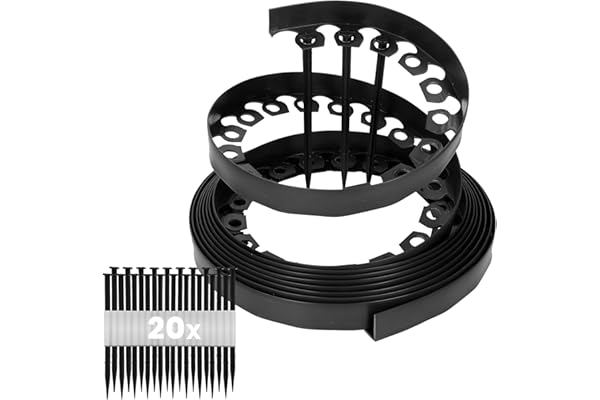 GARDENIX Bordure de pelouse en Plastique LineBORDER Flexible, 20 ancrages au Sol, Longueur 10m, Hauteur 4cm, Noir