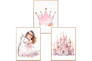 Zamety Uppsättning av 3 barnrumsdekoration flicka, prinsessa, lås, krona | Bilder barnrum dekoration, rosa bilder babyrum, duk väggdekoration affisch för sovrum och vardagsrum, Sans Cadre