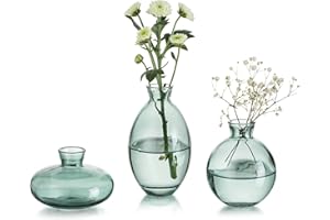 GLASSEAM Jarrón Pequeño para Decoración De Mesa Jarrones De Vidrio Hechos A Mano para Flores, 3 Jarrones Verdes Vintage Bud Jarrón Estético para Decoración De Sala De Estar Kawaii, Adornos De Dormitorio