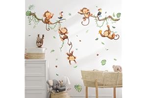 Supzone Adesivi Murali Animali Giungla Scimmia Adesivi Bambini Adesivi da Parete Foglie di Vite Decorazione Murale Asilo Nido Camerette Bambini Camera da Letto