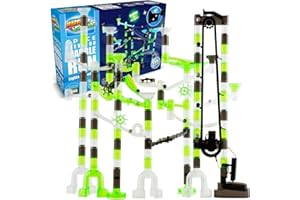 MARBLE GENIUS Marble Run Space Elevator with Glass Glow Marbles; Explore The Outer Space, 150 pcs - Illuminated by Glow in The Dark Marbles, Navigate an Intricate Maze Track, and Compete in an Exciting Race Set