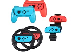 AUTOUTLET 3 In 1 Griff für Nintendo Switch Joy Con Controller Kit Zubehör, mit 2X Controller Gehäuse, 2X Armband, 2X Lenkrad, Kompatibel mit Just Dance 2020 2019 2018 2017, für Mario Tennis Aces Game