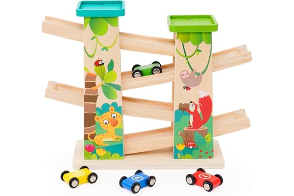 Jouet Garage Voiture Bois pour Enfant,Cadeau Educatif pour Garçon 1 2 3 Ans,Jouet Rampe de Course en Bois avec 4 Voitures et 2 Parkings Haut de Gamme