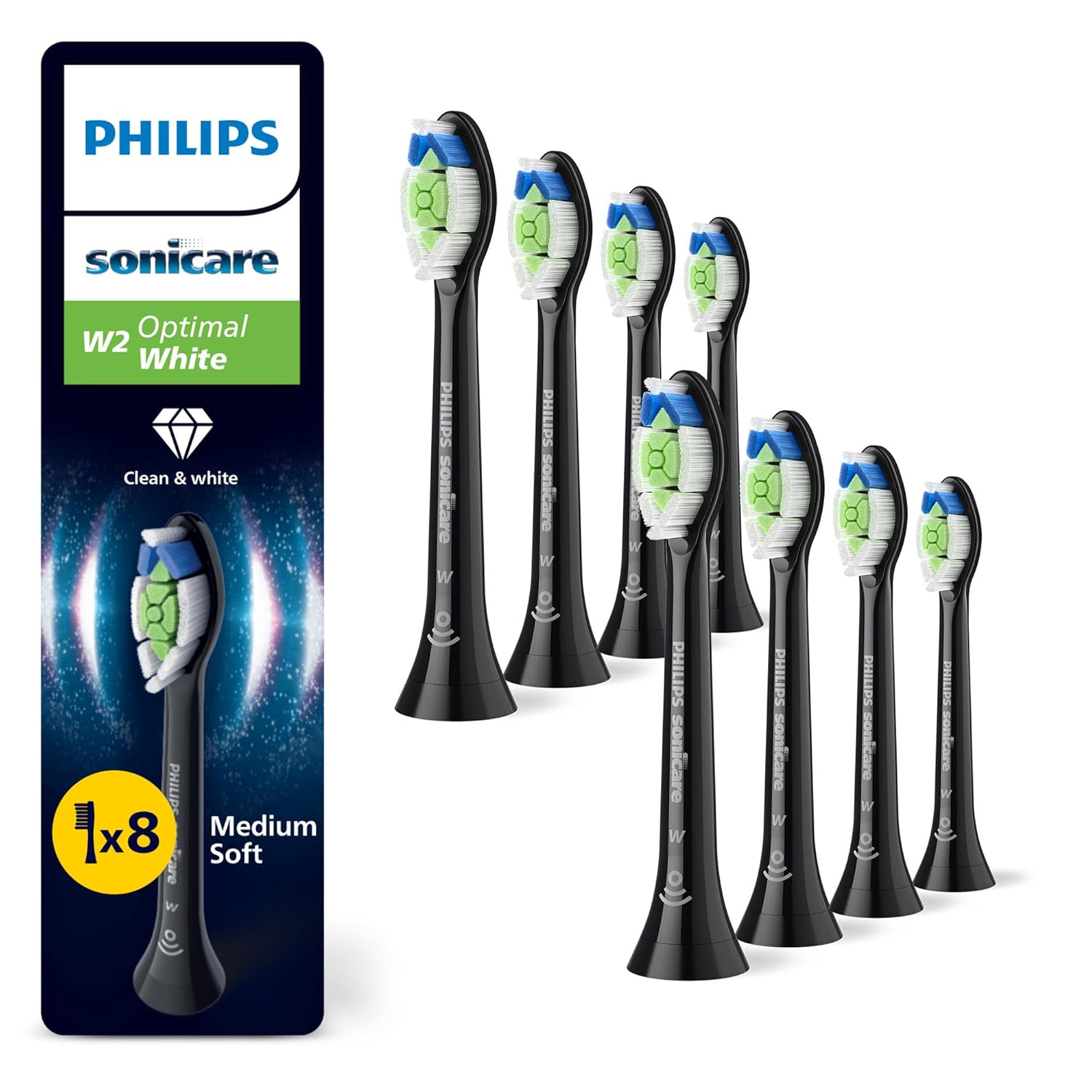 Philips Sonicare W2 Optimal White, originele opzetborstels ter vervanging, zwart, set van 8, HX6068/88, 8 Borstels, Nieuw