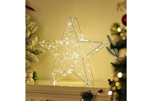 Kssiaz LED Stern Tischlampe, 33cm Stimmungslicht Batteriebetrieb/USB-betrieben Nachttischlampe Tischdeko, Warmweiß Weihnachtsbeleuchtung Weihnachtsdeko, Silber