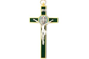 VENERARE Saint Benedict Wall Crucifix with Colored Enamel (Gold-Green)