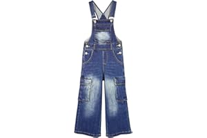 KIDSCOOL SPACE Salopette di jeans per ragazze, salopette di jeans cargo con fisarmonica a gamba larga, tasche con tacco profondo