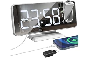 EXMATE Despertador de Proyección 7,5 " Pantalla LED, Despertador Proyector Alarma Dual con Repetición, Brillo de 4 Pantallas, Función de atenuación automática, Puerto de Carga USB (Blanco con adaptador)