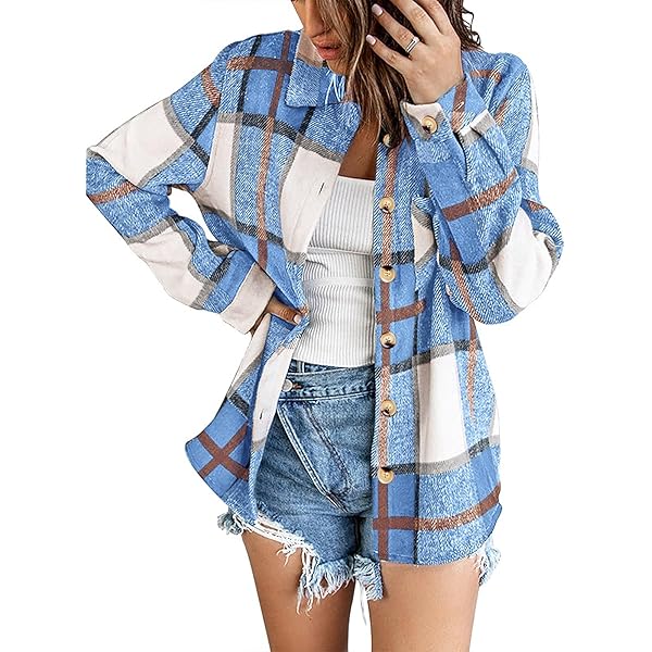 Tuopuda Damesjas, geruit, flanel, lange mouwen, geruite jas, blouse met knopen, lange jas, wolmix, Licht Khaki., S