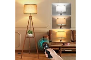 OUTON Lampadaire Trépied avec Étagères, Lampadaire Moderne LED Dimmable avec Télécommande, 4 Températures de Couleur, Lampe sur Pied en Bois avec Abat-jour en Lin Beige pour Salon, Chambre à Coucher