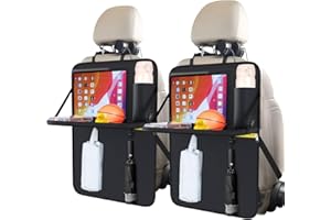 Oasser Car Seat Organiser 2 Pack, Car Organiser Back Seat for Kids with 2 Foldable Table Tray 13 Inches iPad Touch Screen Storage Zipper Pockets(2 Table Tray)