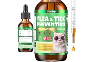 CUDORY Oral Flea & Tick Support for Cats, Natural Flea and Tick Liquid Drops with Multivitamin for Pets - Cat Supports Skin & Coat - Flea Herbal Drop All Breeds and Sizes - Bacon Flavor