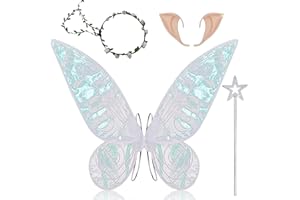 TDTOD Feenflügel Erwachsene Kinder, 4 Stück flügel Fee Weiß Schmetterlingsflügel Mädchen Fairy Wings mit Elfenohren Stern Stab Winx Club Kostüm Damen Feenkostüm für Karneval Geburtstag Rollenspiele Party