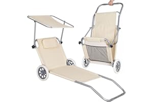 SPRINGOS Fauteuil inclinable d'été avec Roues Chaise Longue à roulettes Chaise Longue avec Pare-Soleil Dossier réglable en 5 Positions 2 Roues Appuie-tête