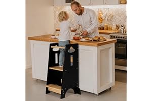 COSYLAND Height Adjustable Toddler Standing Tower - Super Stable Toddler Kitchen Stool Helper - 3 Levels Wooden Kids Learning Stool for Kitchen Toliet (Black & Natural,Large)