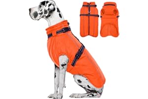 Lelepet Large Dog Coat With Harness - Warm Waterproof Fleece Jacket, Winter Reflective Vest Snow Suit for Labrador, Orange 2XL