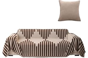 SHANNA Sofa überwurfdecke für 2-/3-/4-Sitzer, sofaüberwurf Decke Couch überwurf Baumwolle Waschbar Anti-rutsch Schmutzabweisend Kissen couchdecke überwurf Nahtlos mit Quasten(180 x 340cm, Gestreiftes Kaffee)