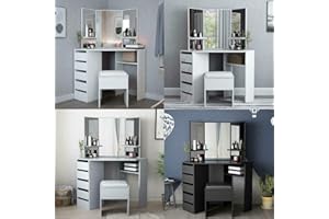 Hampton&Stewart Modern Corner Dressing Table Multi-Angle Mirror with Stool Desk 5 Drawers UK (Grey)