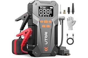 UTRAI Booster Avviamento Auto 5000A, Avviatore Batteria Auto con Compressore D’aria, Torcia LED, Ricarica Rapida 18W e Guanti, Starter Batteria Portatile Fino a Tutti i Benzina e 10L Diesel