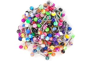FECTAS 50pcs Tongue Ring Bars Pack 16mm Barbell Stainless Steel with Arylic Balls Piercing