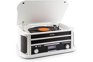 auna Belle Epoque 1908 - Reproductor de Vinilo, Tocadiscos estéreo Retro, Accionamiento por Correa, Radio Digital, Tocadiscos de Vinilo, CD, MP3, RDS, Casete, USB, Dab+, Bluetooth, Blanco