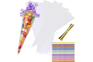 100PCS Clear Cone Bags AUERVO Sweets Cellophane Treat Bags 12" X 6.3" AUERVO Clear Resealable Cello Bags Party Gift Bags OPP Plastic Bag with 100PCS Mix Pull Bows for Candy, Soap, Cookie