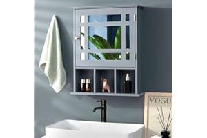 CASART Wall Mounted Bathroom Cabinet, Single Door Storage Mirrored Cupboard with Adjustable Shelf and 3 Open Compartments, Wooden Mirror Organizer for Bedroom, Living Room, Bathroom (Grey)