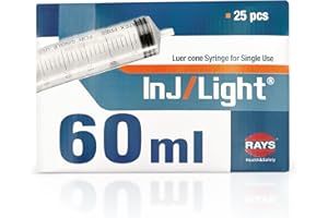 BEHLER INSTRUMENTS Rays - Siringhe Monouso da 60 ml a Tre Corpi con Cono Luer Eccentrico Senza Ago di Inj/Light - Siringa - Confezione da 25 Unità, Sterili, Ideali per Infusioni e Iniezioni, Alta Precisione
